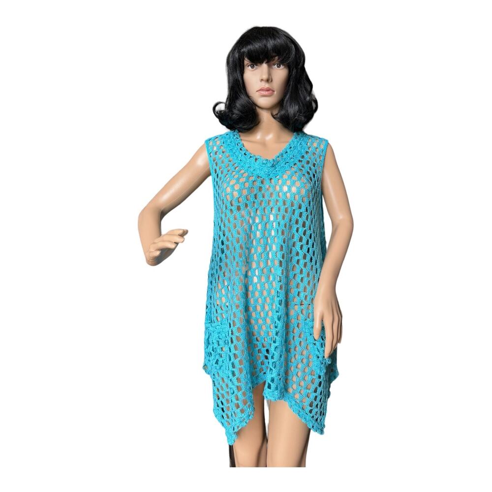 Kaktus sleeveless Tunic Open Weave Crochet Lagenlook Boho in blue size large